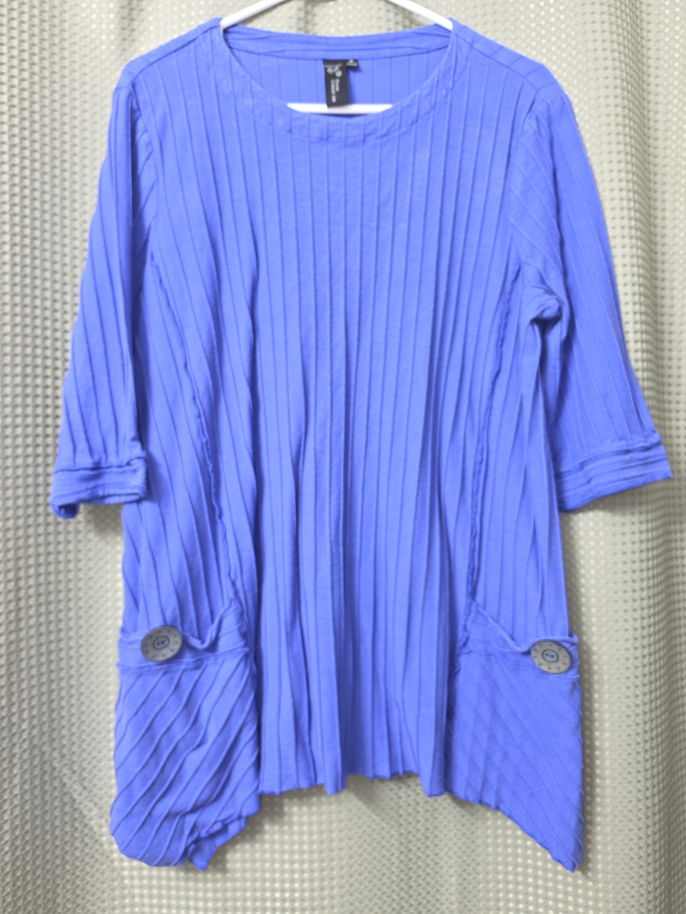 Focus Casual Life Blue Ribbed Tunic Top Button Pocket 3/4 Sleeve M